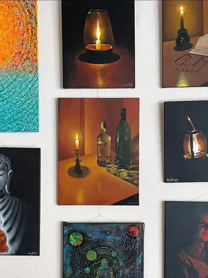 A collection of my paintings on display at the Bengaluru Art Gallery for the Vasantha Arts exhibition.