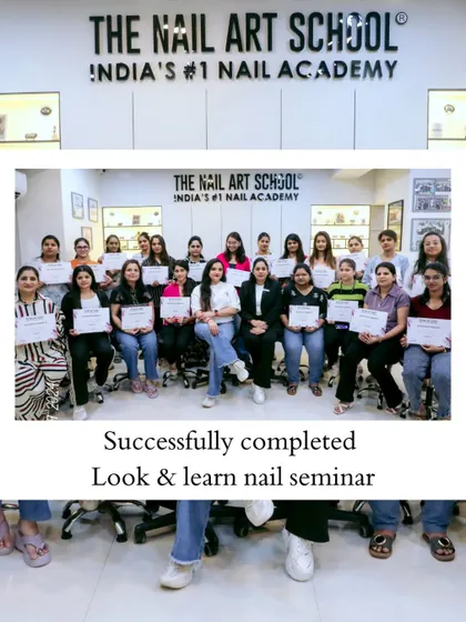 The graduating group from our look-and-learn nail seminar, proudly displaying their completion certificates. Every seminar is a step forward in their professional journey.