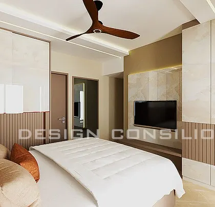 A 3D render of a bedroom with a TV unit integrated into the wardrobe wall. The use of marble-finish laminate and fluted panels creates a luxurious and cohesive look.