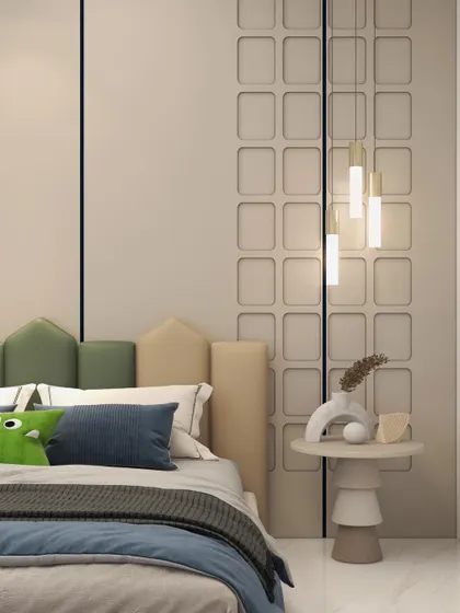 Detail of the bedside, showing a textured wall panel and modern pendant lights that provide soft, ambient lighting.