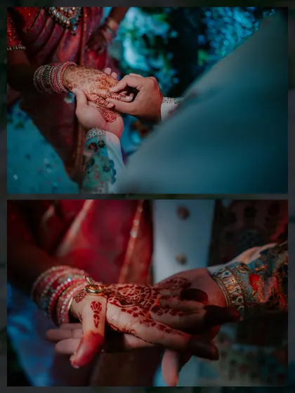 A detailed close-up collage of the ring exchange, focusing on the hands and rings.