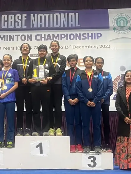 Our girls' team on the podium at the CBSE National Badminton Championship. Standing on the podium is the goal we train for every day.