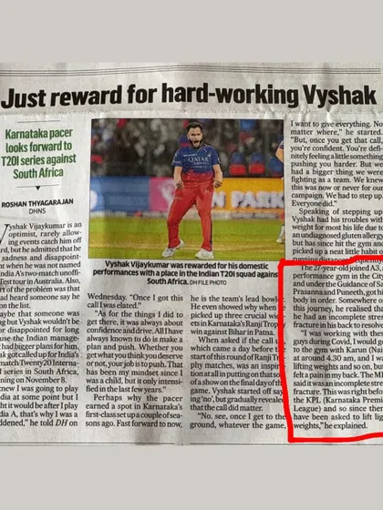 A newspaper article celebrating A3 performer Vyshak Vijaykumar's debut call for the Indian Cricket Team, a testament to the high level of athletic conditioning we provide.