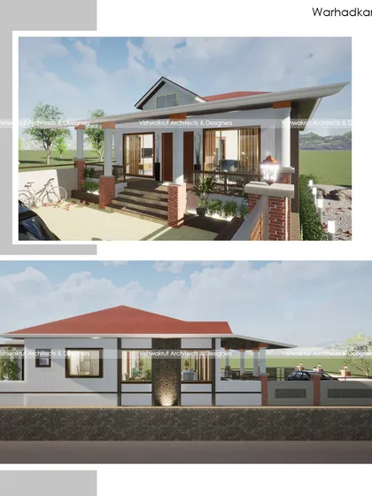A collage showing two different views of the 'Warhadkar's House', including the front elevation and a side view. This provides a more complete picture of the traditional Kokani-inspired design.