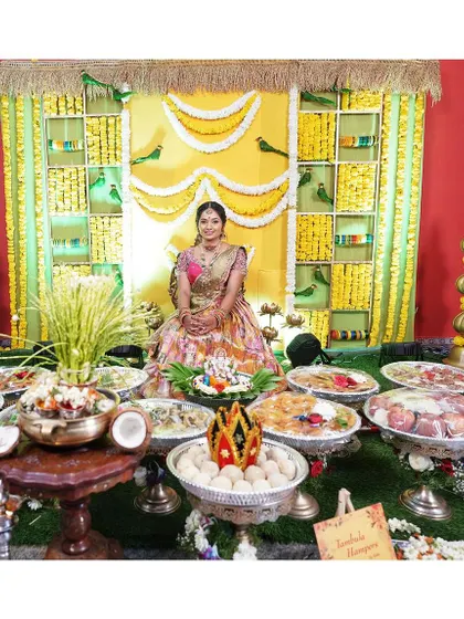 The grand spread and beautiful decor of the Bhale Shastra, with me in my custom langa voni at the center.