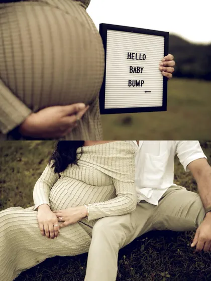 A collage that highlights the baby bump with a "Hello Baby Bump" sign, paired with a relaxed photo of the couple sitting together. It’s a sweet and direct way to celebrate the pregnancy.