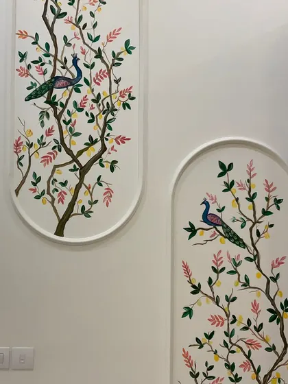 The complete two-panel peacock mural, designed to fit within architectural niches and add a touch of nature-inspired elegance.