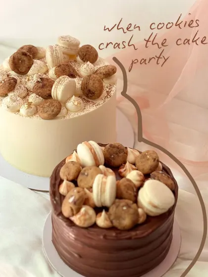 "When cookies crash the cake party." This image shows two of my popular cakes, one chocolate and one vanilla, both generously topped with mini cookies and macarons.