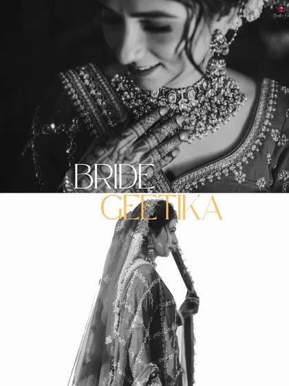 A classic black and white diptych of the bride, capturing her gentle smile and elegant profile, highlighting her timeless beauty.