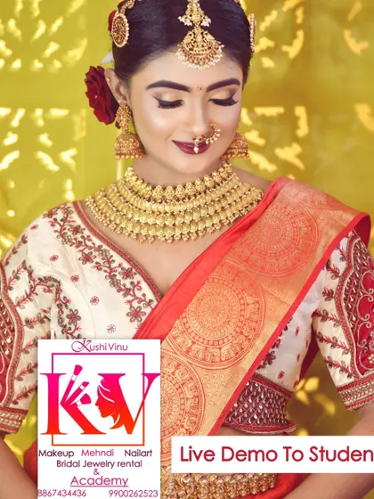 This image shows the full effect of the live makeup, hair, and saree draping demo. I teach the complete package so my students are ready for any bridal booking.