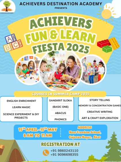 The ultimate summer camp in Gajanan Nagar, Akot! This flyer for our Fun & Learn Fiesta 2025 details the courses and camp schedule, promising a holistic learning experience.