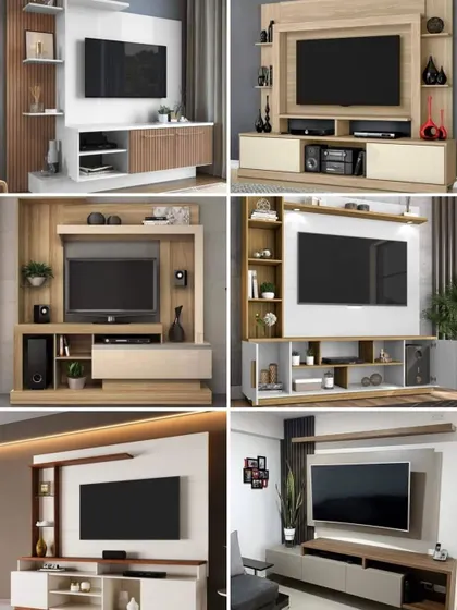 A collage showcasing various styles of TV units I can design and build, from simple consoles to complex, multi-component systems.