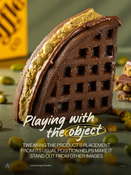 Don't be afraid to play with the object. By placing this Belgian Waffle Co. product vertically, we created a unique composition that stands out from typical food photography.
