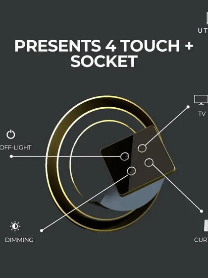 Our Lumi Touch Series panels combine elegance and functionality. This graphic details the 4-touch socket, which provides dedicated controls for turning lights on or off, dimming, managing curtains, and controlling your TV from a single, stylish wall unit.
