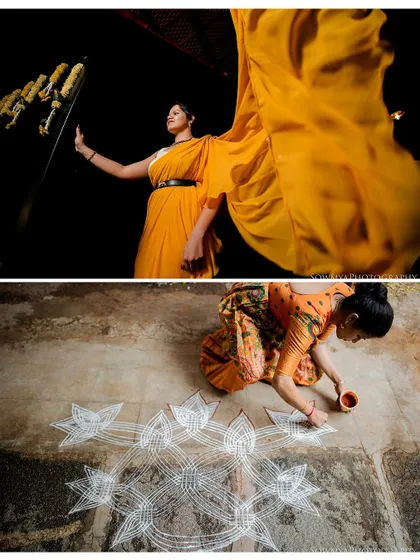 A collage celebrating the color yellow, featuring a bride in a flowing yellow saree and the traditional art of rangoli.