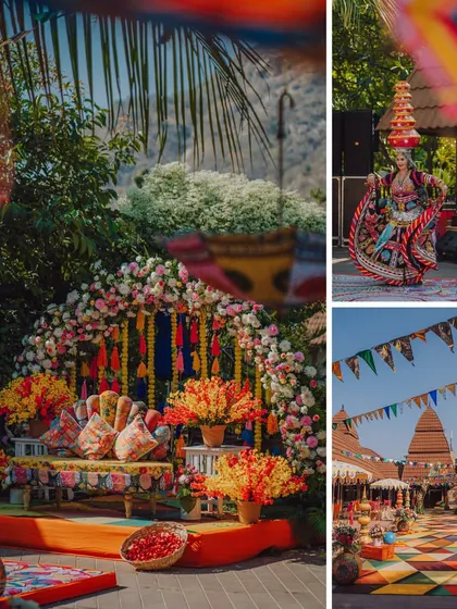 A collage showcasing the vibrant, multi-colored decor and lively performers at a wedding carnival.