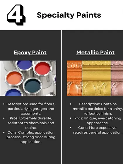 Specialty paints like Epoxy and Metallic offer unique finishes. Epoxy is extremely durable for floors, while metallic paint contains reflective particles for a shiny, eye-catching look.