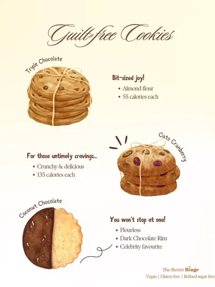 My Guilt-free Cookies menu showcases our most popular options, from the 55-calorie Triple Chocolate to the crunchy Oats Cranberry.