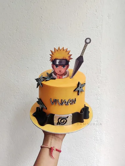 A clear shot of the Naruto-themed cake, showcasing the sharp details and clean finish. It's a design that any fan of the series would instantly recognize and love.