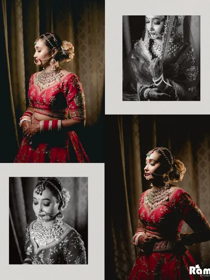 An artistic collage of the bride's portraits, using dramatic shadows and a mix of color and monochrome to create a moody and beautiful set of images.