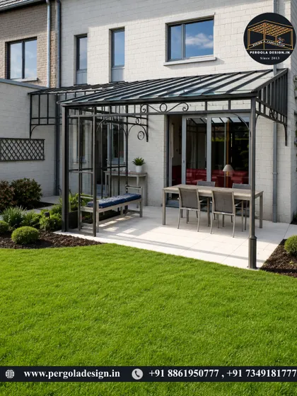A charming and practical glass-roofed pergola with an integrated bench. This design creates a cozy, sheltered spot to sit and enjoy the garden, whatever the weather.
