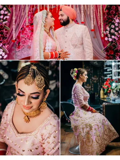 This collage captures the bride getting ready and a romantic portrait with her groom. It tells the story of the wedding day, from anticipation to celebration.
