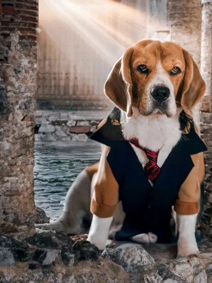 A close-up of Scamp in his adventurer outfit. He looks very serious about finding that treasure.