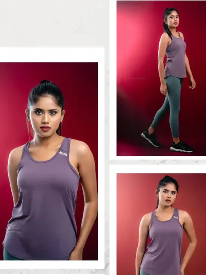 A collage of fitness looks, showing different angles and poses. This is an effective way to showcase a model's suitability for athletic apparel branding.