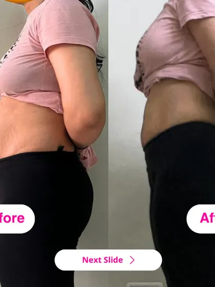 A side view of the same powerful 7kg weight loss transformation. Notice the reduction in belly fat and improved posture, which comes from strengthening the core and eating for health.