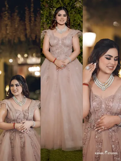 A collage of the bride in her beautiful dusty pink gown, showcasing her elegance from every angle.