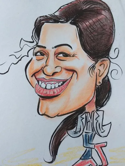 Exaggerated? Yes. Accurate? Even more. This colorful caricature celebrates the subject's fantastic smile with bold lines and bright, cheerful watercolors.