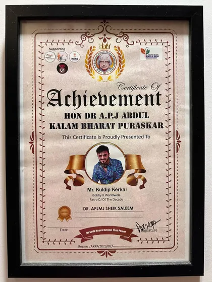I was truly humbled and honored to receive the Hon. Dr. A.P.J. Abdul Kalam Bharat Puraskar for 'Retro DJ Of The Decade'. My passion is retro music, and this recognition means the world to me.