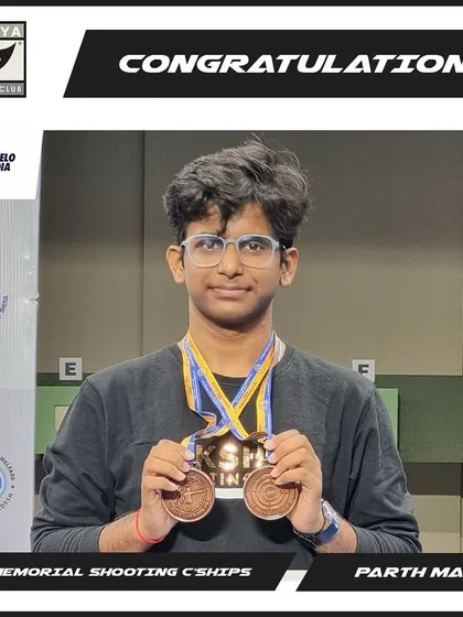 Parth Mane with his team and individual bronze medals from the 22nd KSS Memorial Shooting Championships.
