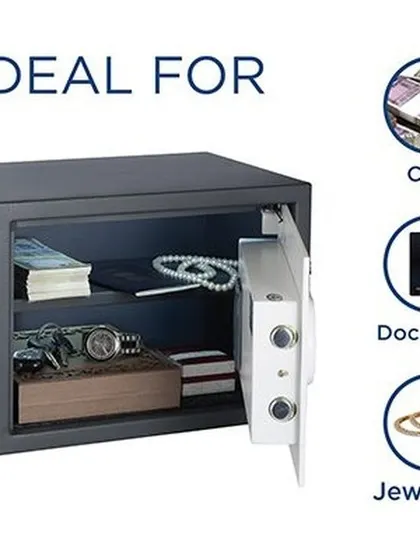 This image shows the Aries safe is ideal for storing cash, documents, and jewelry, with an organized interior view.