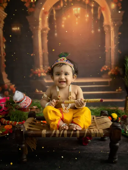 The classic Kanha pose with a flute. This baby, sitting on a traditional 'charpai', looks like he's ready to play a divine melody.