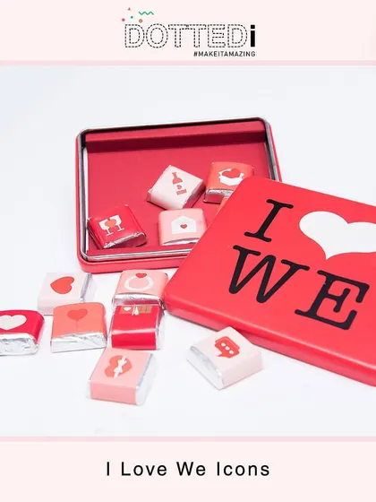 This "I Love We" chocolate box is a simple and sweet gift for a loved one. The tin contains small, individually wrapped chocolates with cute love-themed icons.
