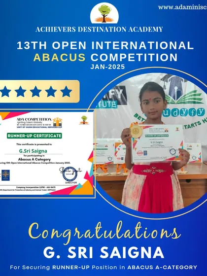 Congratulations to G. Sri Saigna from Kurnool for securing a runner-up position in the Abacus A-Category.