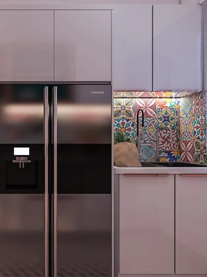 This render shows a compact utility area next to the kitchen, with the same vibrant tiles and a tall unit housing the refrigerator. It's all about creating a cohesive and functional design.