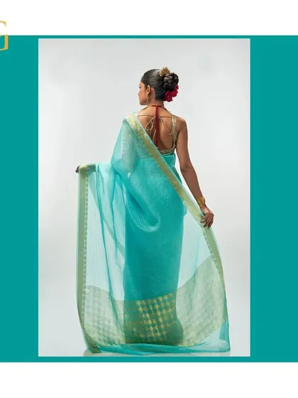 The back of the aquamarine saree, showing the sheer fabric and the beautiful geometric pattern of the gold zari pallu.