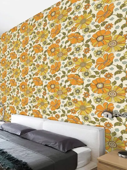 This bedroom is filled with the retro charm of our Crimson Daisies Floral Pattern wallpaper. The design adds a touch of nostalgia and happiness to your personal retreat.