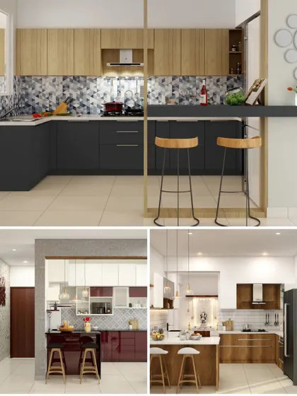 A collage showcasing various kitchen styles I can create, from two-tone designs with breakfast bars to bold red and white modular setups.