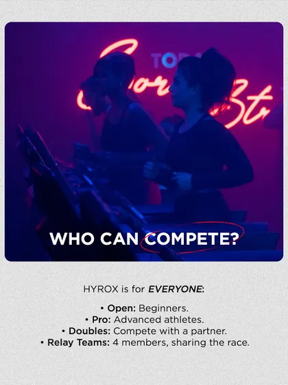 HYROX is for everyone. With categories for Open (beginners), Pro (advanced athletes), Doubles (partners), and Relay Teams, there's a way for anyone to compete and challenge themselves.