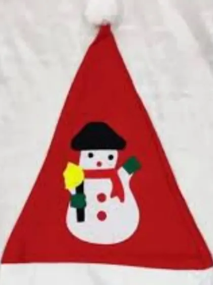 Get into the festive spirit with a classic Santa hat. This one features a cute snowman applique on the front.