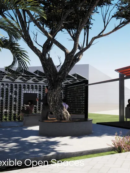 I design spaces for people. This render highlights the flexible open areas in the Meeting Pods project, creating zones for both informal chats and focused group work. The integration of seating with natural elements like trees provides a comfortable and adaptable outdoor community space.