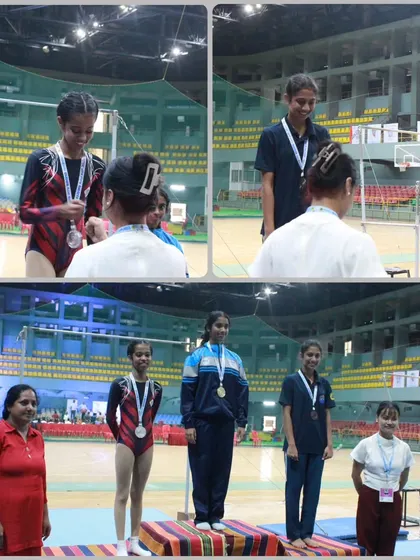Our gymnasts on the podium at the Dasara competition. Navya secured a gold medal on the balance beam, a fantastic achievement.