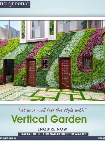 A stunning exterior facade completely covered in a patterned artificial vertical garden. This design uses waves of different colors to create a massive piece of living art, completely transforming the building's appearance.