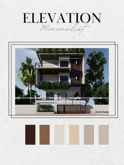 This graphic presents the minimalist concept and color palette for the Hosakerehalli residential project. It breaks down the key materials and neutral tones used to achieve a clean, modern, and timeless exterior.