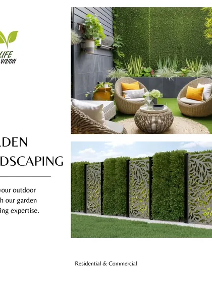 This graphic showcases our garden landscaping capabilities, featuring a cozy patio with an artificial green wall and a decorative laser-cut screen integrated into a hedge for privacy.