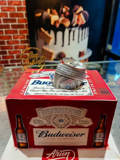 Another shot of the Budweiser beer carton cake, perfect for a beer lover's birthday.