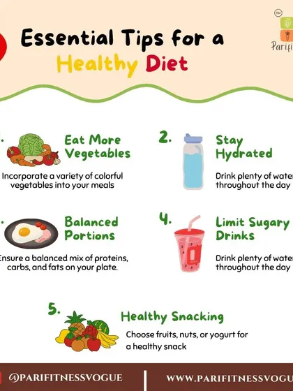 I provide five essential tips for a healthy diet. This includes eating more vegetables, staying hydrated, ensuring balanced portions, limiting sugary drinks, and choosing healthy snacks.